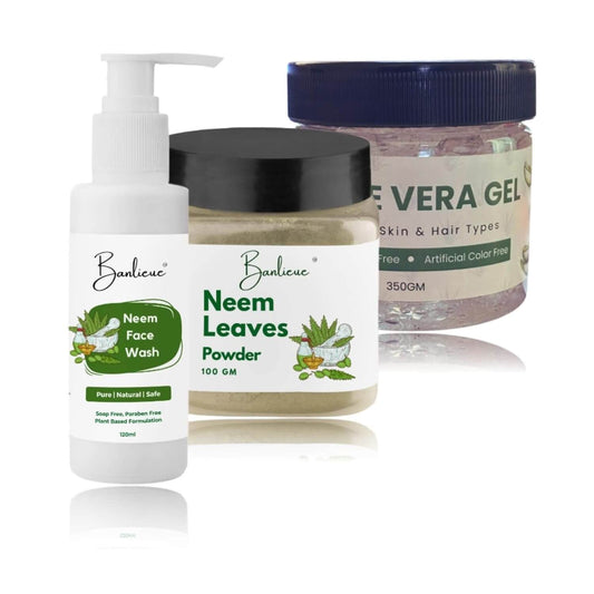 Natural Neem Skincare Set, Face Wash 120ml, Leaves Powder 100g, Aloe Vera Gel 350g
